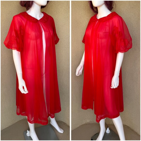 💋Vintage 1960s Shadowline Red Sheer Chiffon Lace Negligee💋 - Picture 4 of 8